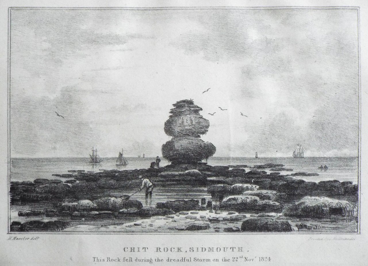 Lithograph - Chit Rock, Sidmouth. This Rock fell during the dreadful Storm of the 22nd. Novr. 1824. - Haseler